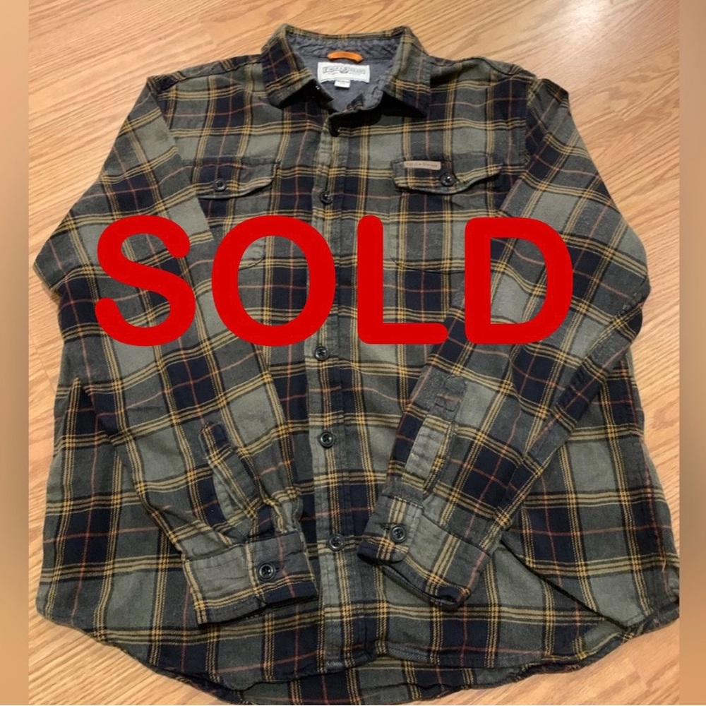 Field & Stream Shirt Mens Large Green & Navy Plaid Heavy Thick Flannel w/ Pocket